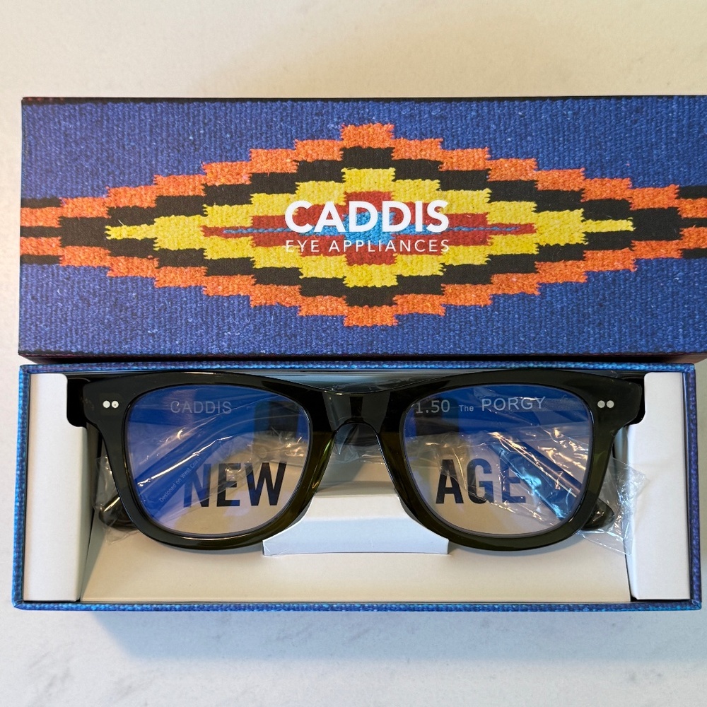 Gently preowned Caddis Porgy Backstage Heritage Green Readers +1.5 magnification